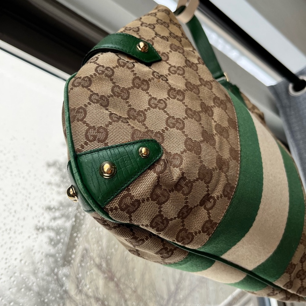 💚 Gucci: Horsebit Chain Studded Web Monogram Hobo Shoulder Bag - Picture 10 of 17